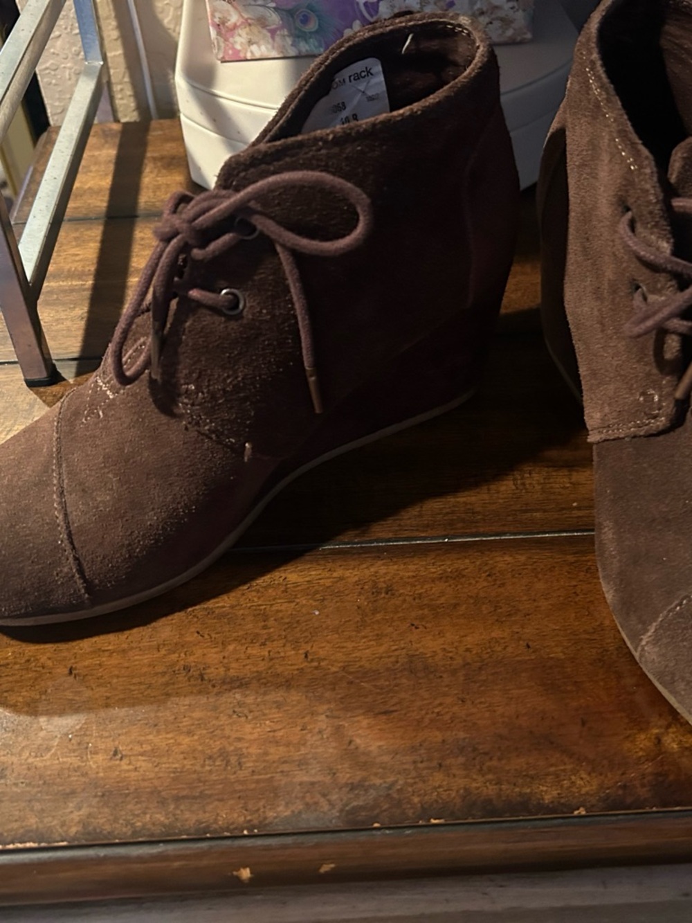 Toms Dark Brown Suede Lace-Up Wedge Booties